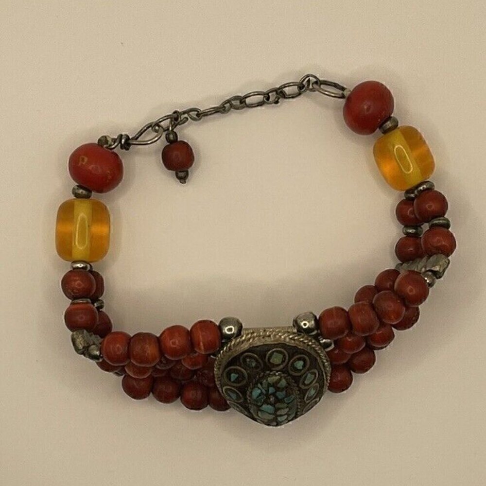 Tibetan Silver Turquoise Coral Bohemian Boho Turtle Shell Shape Charm Bracelet